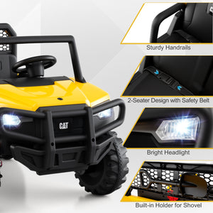 Yellow and black toy off-road vehicle with features highlighted on a white background