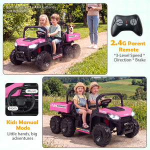 Children playing in a pink toy ATV with remote control features highlighted.