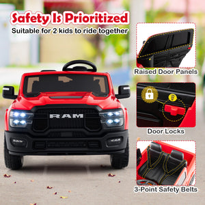 Red toy truck with safety features highlighted on a blurred outdoor background