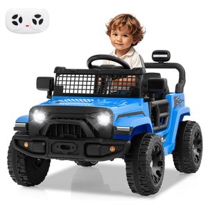 Child sitting in a blue toy jeep with a remote control on a white background