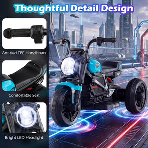 Children's electric motorcycle with detailed features and a cityscape background