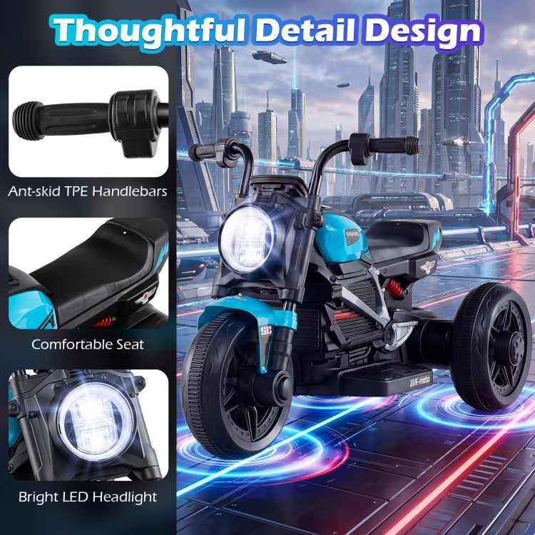 Children's electric motorcycle with detailed features and a cityscape background