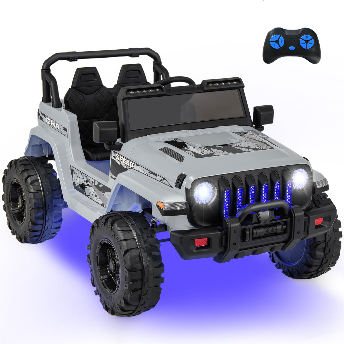 Children's toy jeep with remote control on a white background