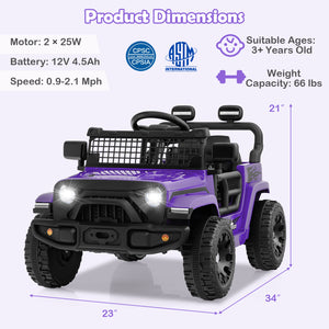 Purple toy truck with dimensions and safety certification logos on a white background