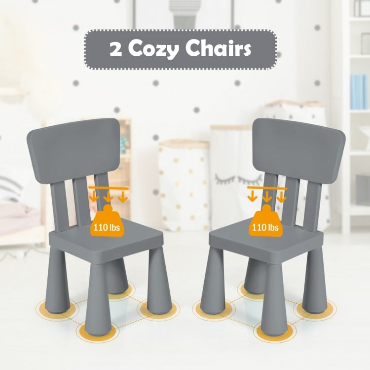 Two gray chairs with weight capacity labels on a light background