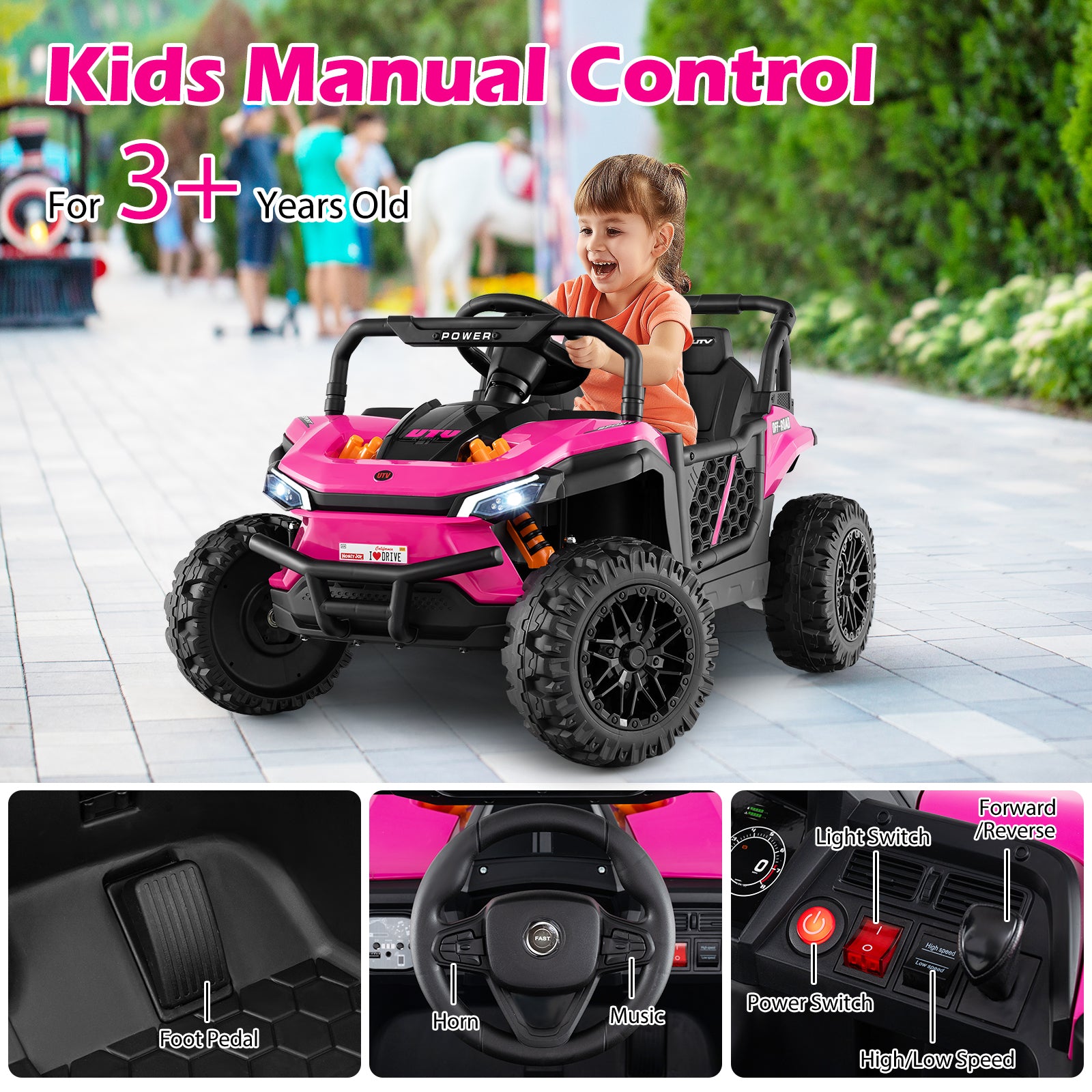 Child playing with a pink toy car on a sidewalk, with text indicating manual control for children aged 3 and up.