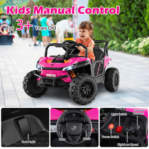 Child playing with a pink toy car on a sidewalk, with text indicating manual control for children aged 3 and up.