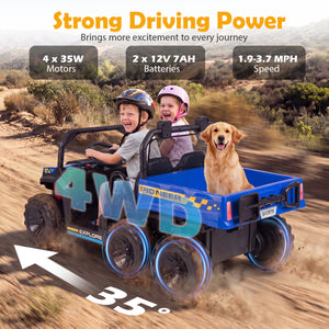 Children and a dog in a blue toy off-road vehicle with text highlighting features on a desert background.