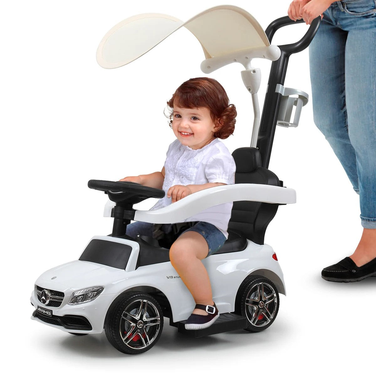 Tobbi Mercedes Benz Kids Ride On Toy Car, 3 in 1 Push Car Stroller for Toddlers With Removable Canopy, Handle, White - Toys Ride, Mercedes Toy Car Stroller