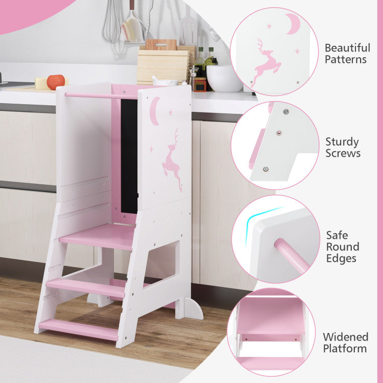 Toddler Kitchen Step Stool Helper with Chalkboard & Whiteboard – Baby Standing Tower