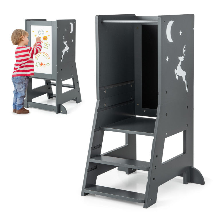 Toddler Kitchen Step Stool Helper with Chalkboard & Whiteboard – Baby Standing Tower