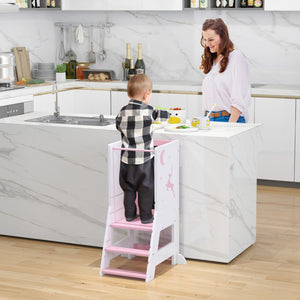 Toddler Kitchen Step Stool Helper with Chalkboard & Whiteboard – Baby Standing Tower