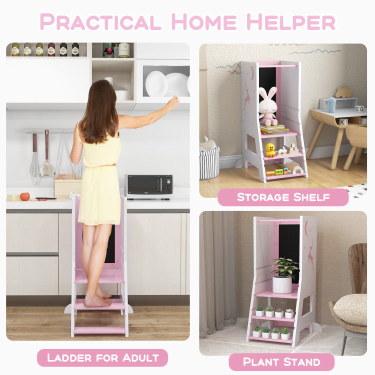 Toddler Kitchen Step Stool Helper with Chalkboard & Whiteboard – Baby Standing Tower