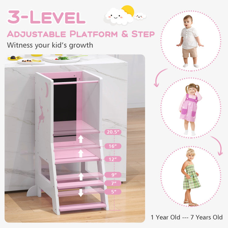 Toddler Kitchen Step Stool Helper with Chalkboard & Whiteboard – Baby Standing Tower