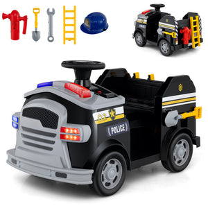 Toy police car with accessories on a white background
