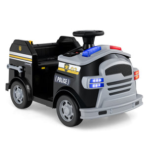 Toy police car with lights and a steering wheel on a white background