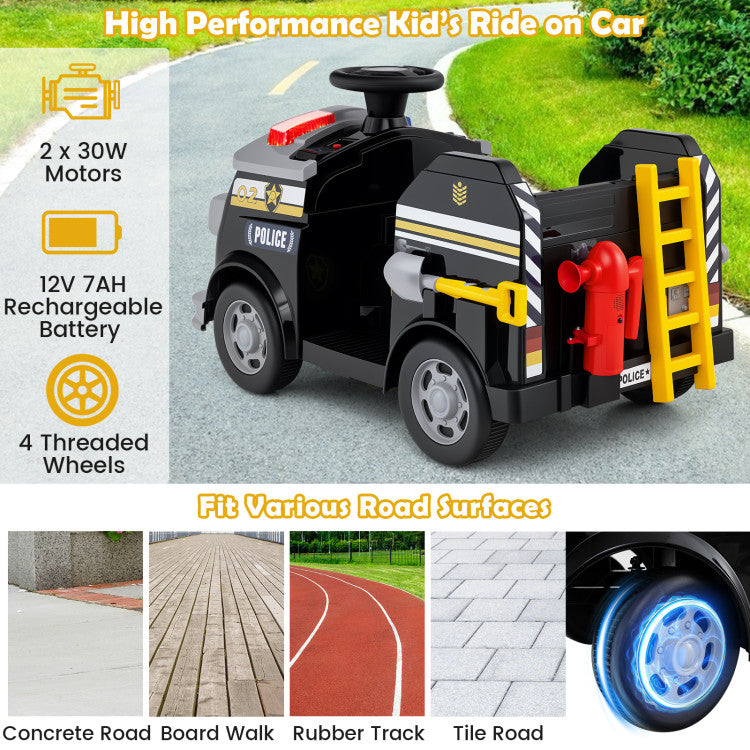 Toy police car with specifications and road compatibility features on a road background
