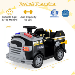 Toy police car with dimensions and safety certification logos on a white background