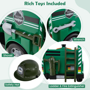 Green toy truck with tools like a wrench, shovel, safety hat, ladder, and fire extinguisher on a light green background.
