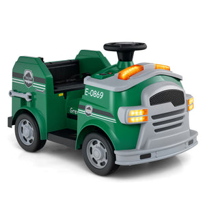 Green toy garbage truck with details on a white background