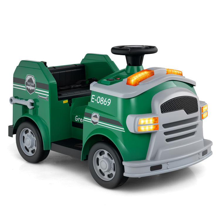 Green toy garbage truck with details on a white background