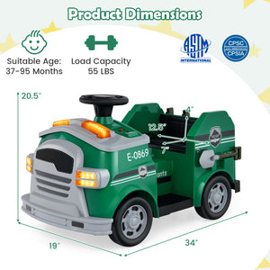 Toy truck with dimensions and safety certification logos on a white background