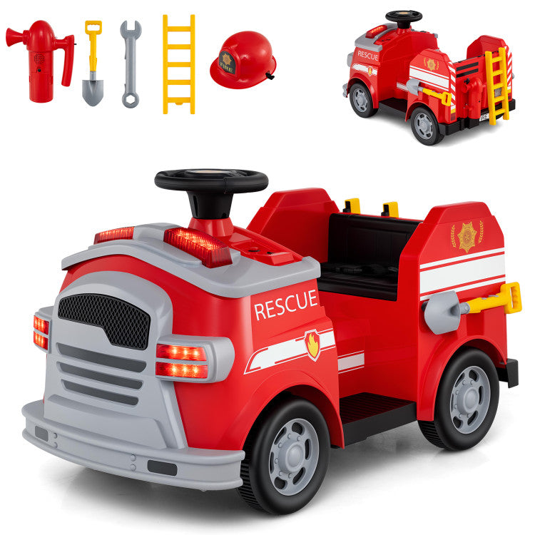 Red toy fire truck with accessories on a white background