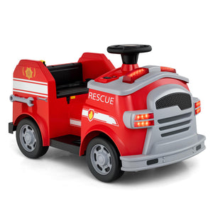A red and gray toy fire truck ride-on vehicle with 'RESCUE' text on the side, shown on a clean white background.