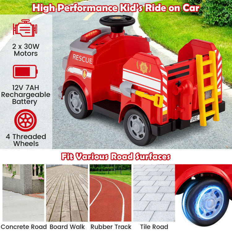Red toy fire truck with features listed on a green outdoor background