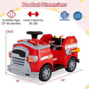 Red and gray ride-on toy fire truck with dimension callouts showing 20.5 inches tall, 19 inches wide, and 34 inches long, plus product specs and certification logos at the top.