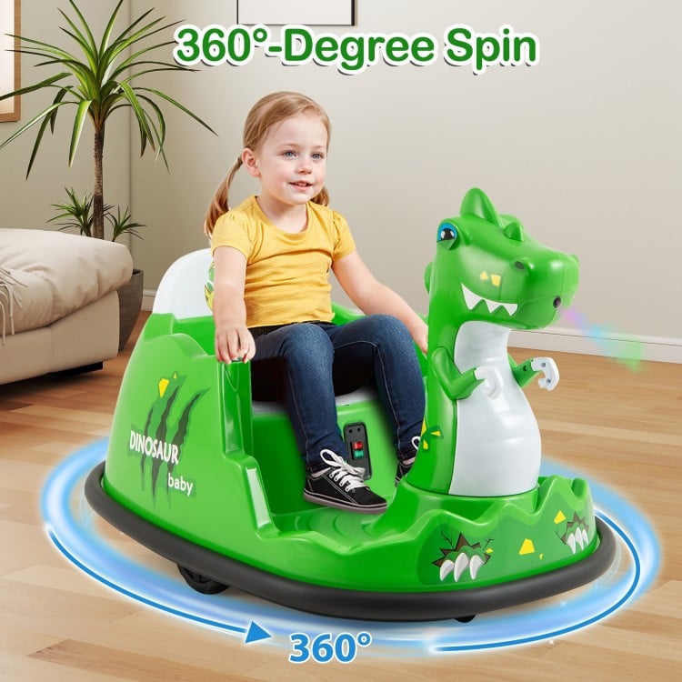 Child sitting in a green dinosaur-shaped rotary toy with '360°-Degree Spin' text.