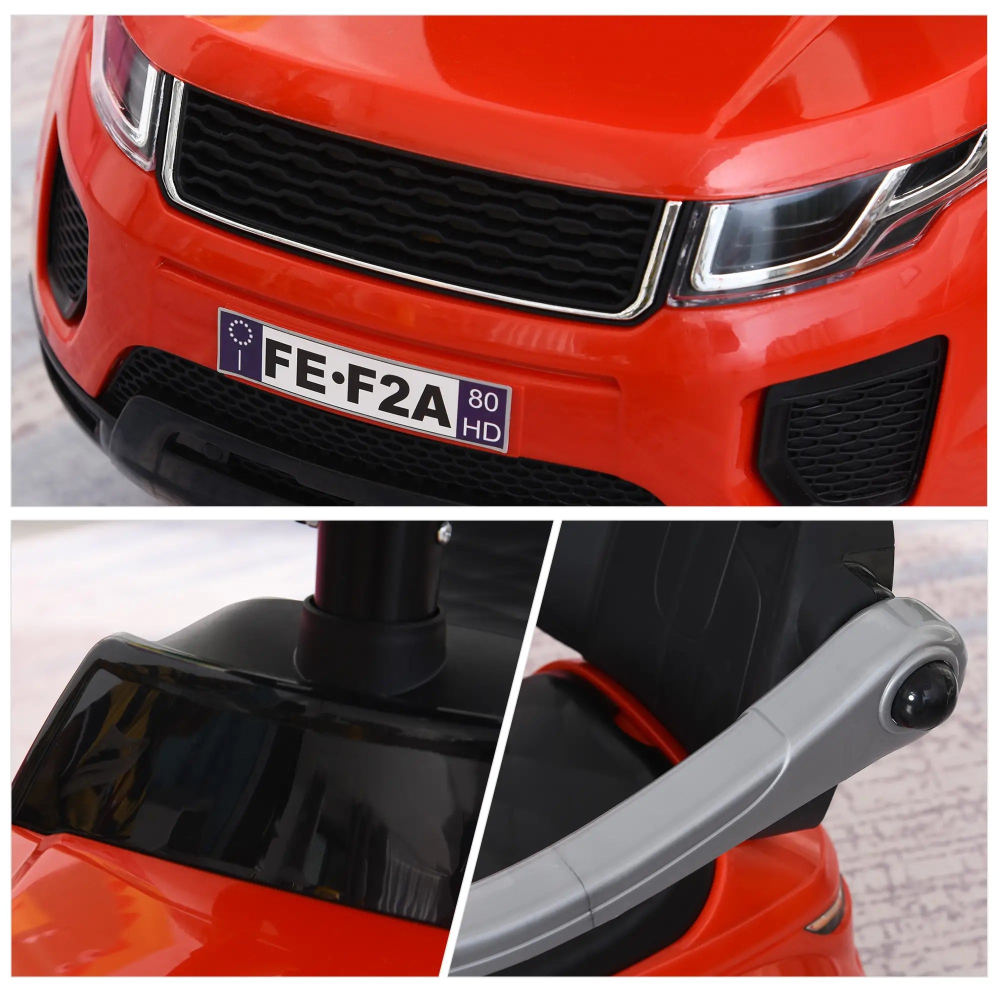 Close-up of a red toy car with a license plate and detailed view of its components.