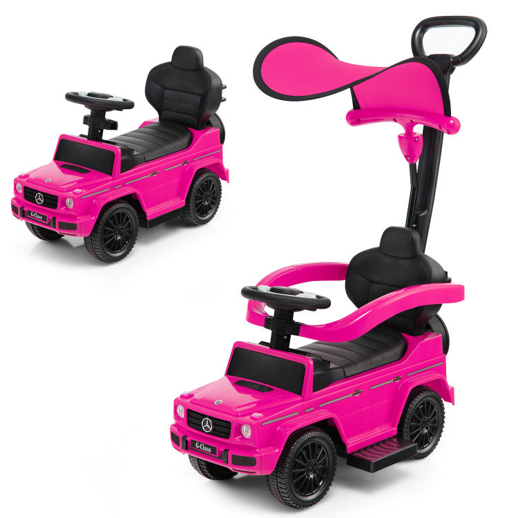 Pink toy car and scooter with Mercedes-Benz logo on a white background