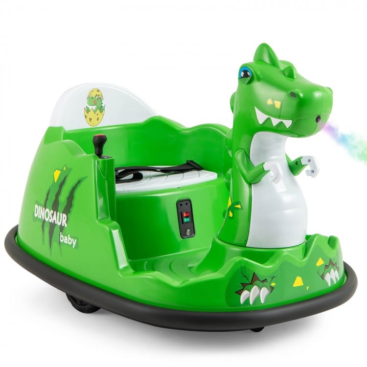 Green dinosaur-shaped baby bumper car on a white background
