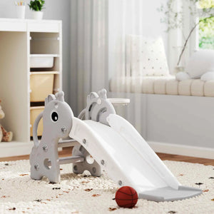 Children's slide with animal design on a carpeted floor in a room with a white shelf and window.
