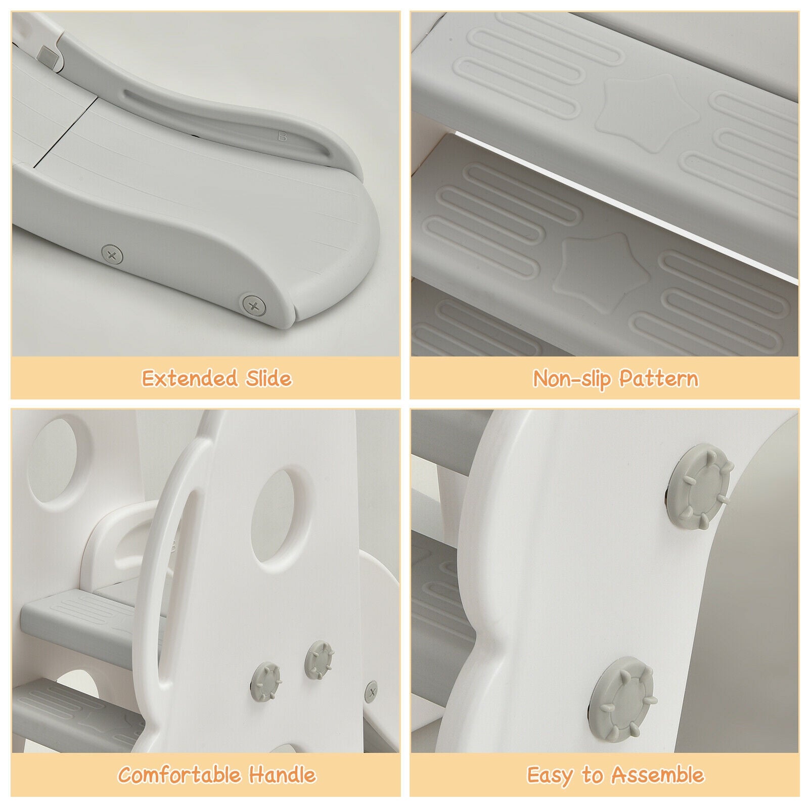 Product features including extended slide, non-slip pattern, comfortable handle, and easy to assemble on a gray background.