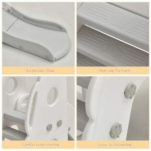 Product features including extended slide, non-slip pattern, comfortable handle, and easy to assemble on a gray background.