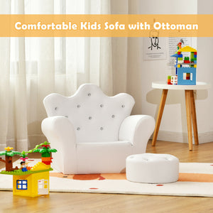 White kids sofa with ottoman in a room with toys and a table.