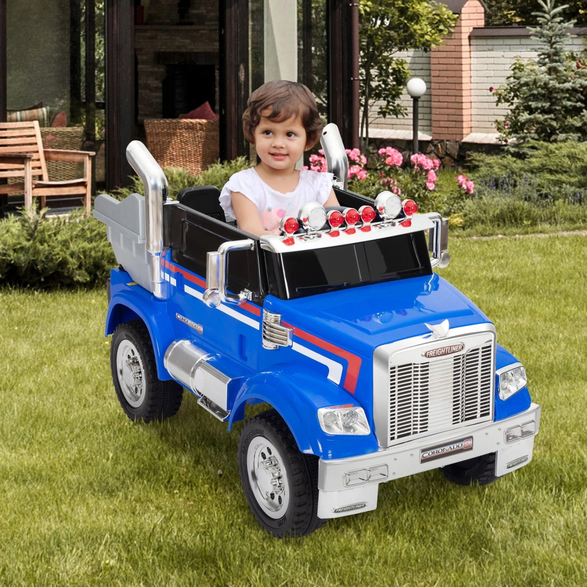 Tobbi 12V Toy Electric Licensed Freightliner, Kids Ride On Toy Car Battery Powered Dump Truck Tractor with Remote Control - Kids Electric Truck, Children's Toy Truck Blue