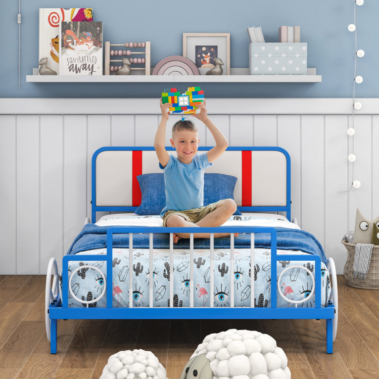 Twin Size Car Shaped Kids Bed Frame – Metal Platform Bed with Upholstered Headboard