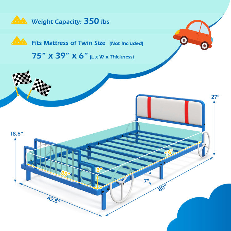 Twin Size Car Shaped Kids Bed Frame – Metal Platform Bed with Upholstered Headboard