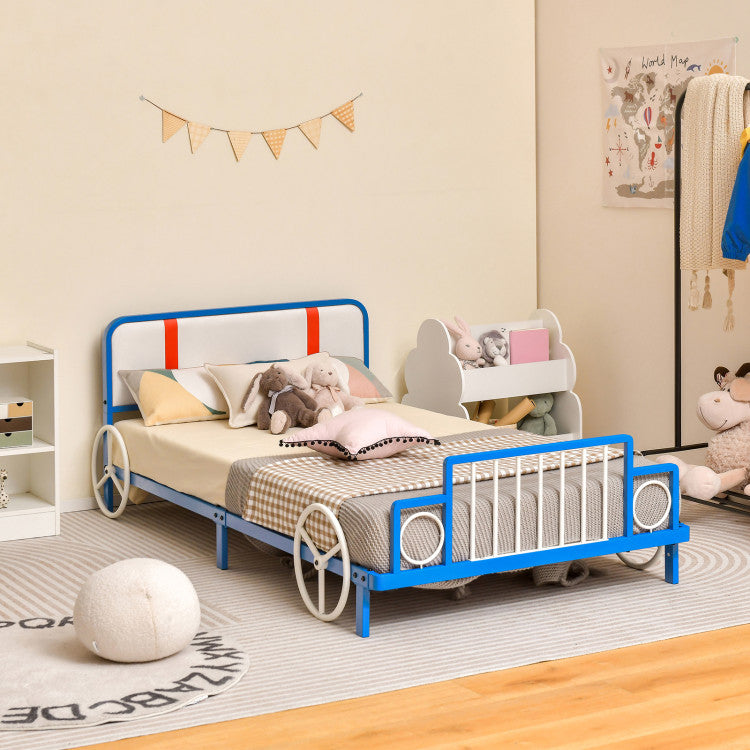 Twin Size Car Shaped Kids Bed Frame – Metal Platform Bed with Upholstered Headboard