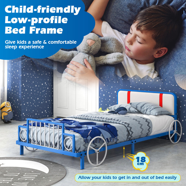 Twin Size Car Shaped Kids Bed Frame – Metal Platform Bed with Upholstered Headboard