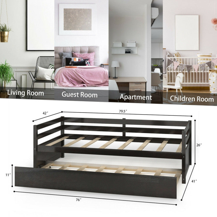 Twin Size Trundle Platform Bed Frame with Wooden Slats for Added Support