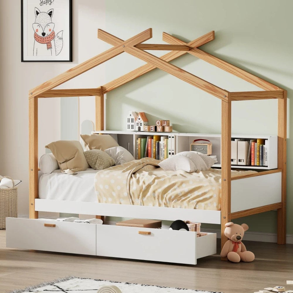 Twin Wooden House Bed with 2 Drawers and Bookshelf Storage, Pine Frame, 80" x 40.5" x 67"