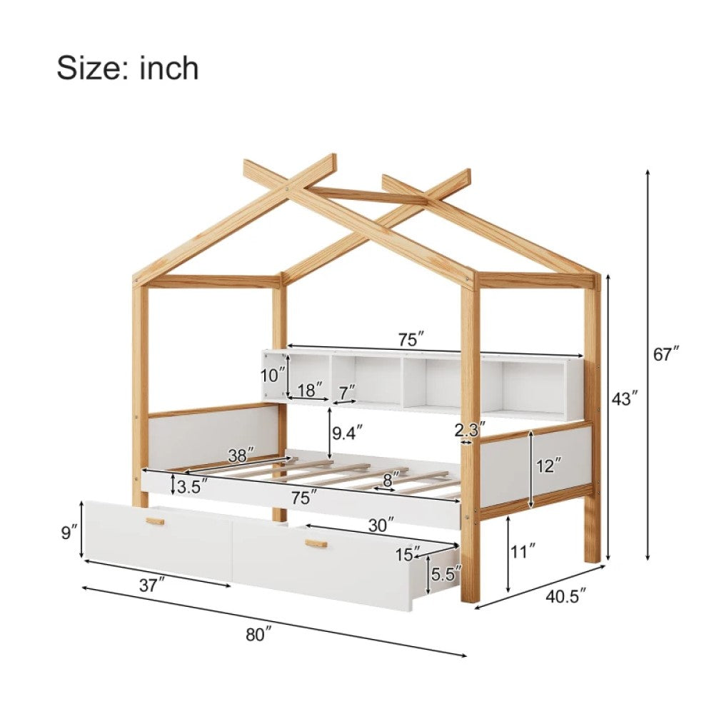 Twin Wooden House Bed with 2 Drawers and Bookshelf Storage, Pine Frame, 80" x 40.5" x 67"