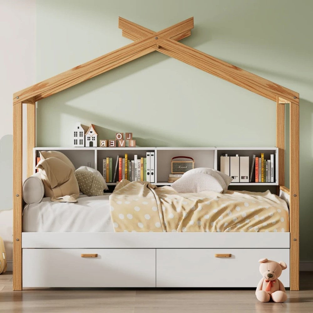 Twin Wooden House Bed with 2 Drawers and Bookshelf Storage, Pine Frame, 80" x 40.5" x 67"