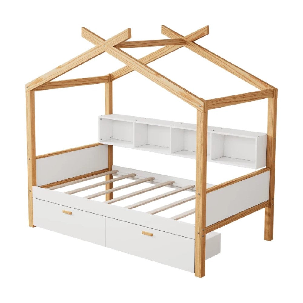 Twin Wooden House Bed with 2 Drawers and Bookshelf Storage, Pine Frame, 80" x 40.5" x 67"