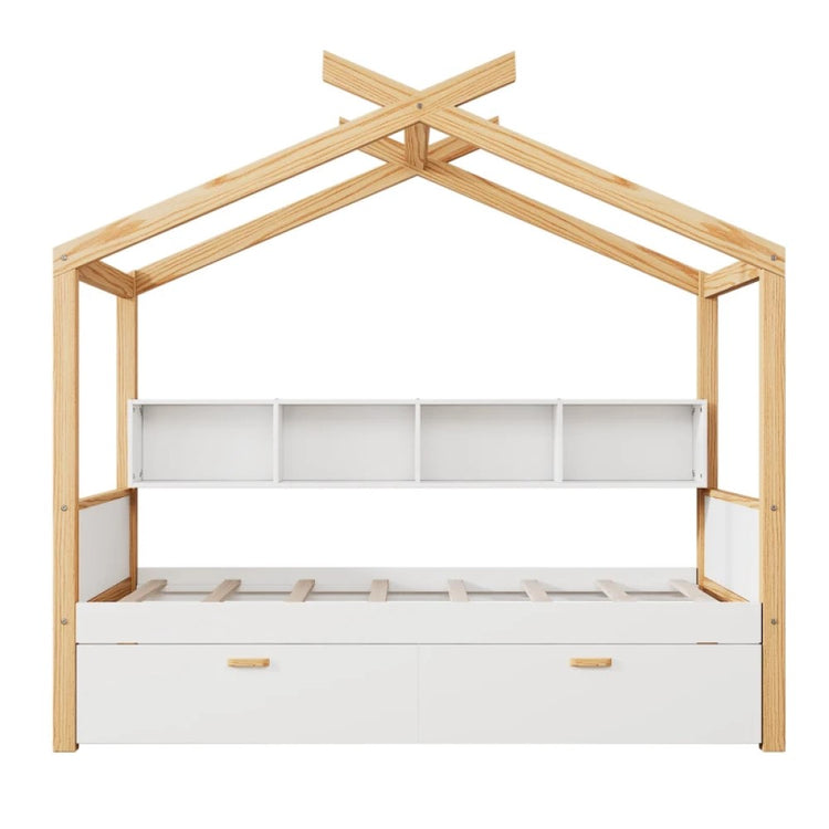 Twin Wooden House Bed with 2 Drawers and Bookshelf Storage, Pine Frame, 80" x 40.5" x 67"