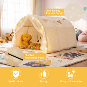 Children's play tent with soft flannel fabric and flexible fiberglass poles in a room setting.